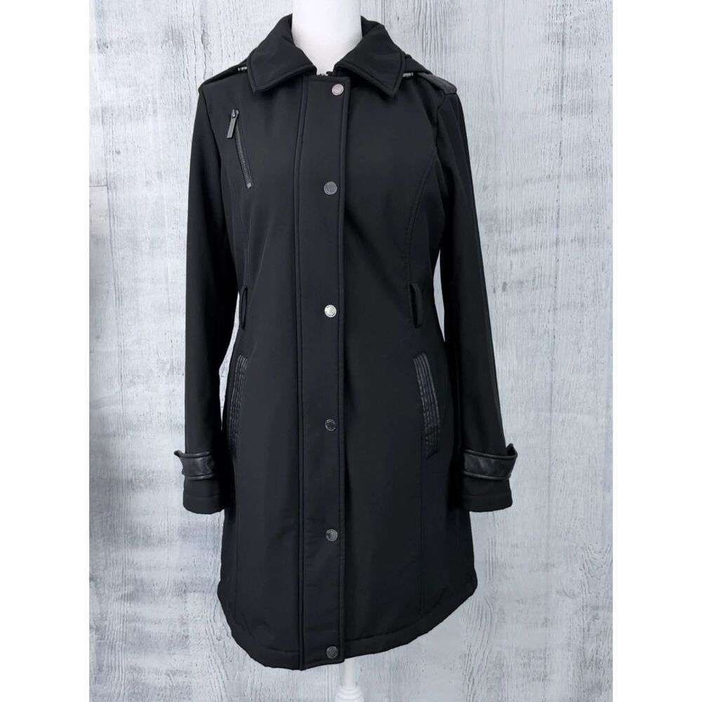 Michael Kors Jacket Women's M Black Mid-Length Hooded Trench Coat Zip/Button